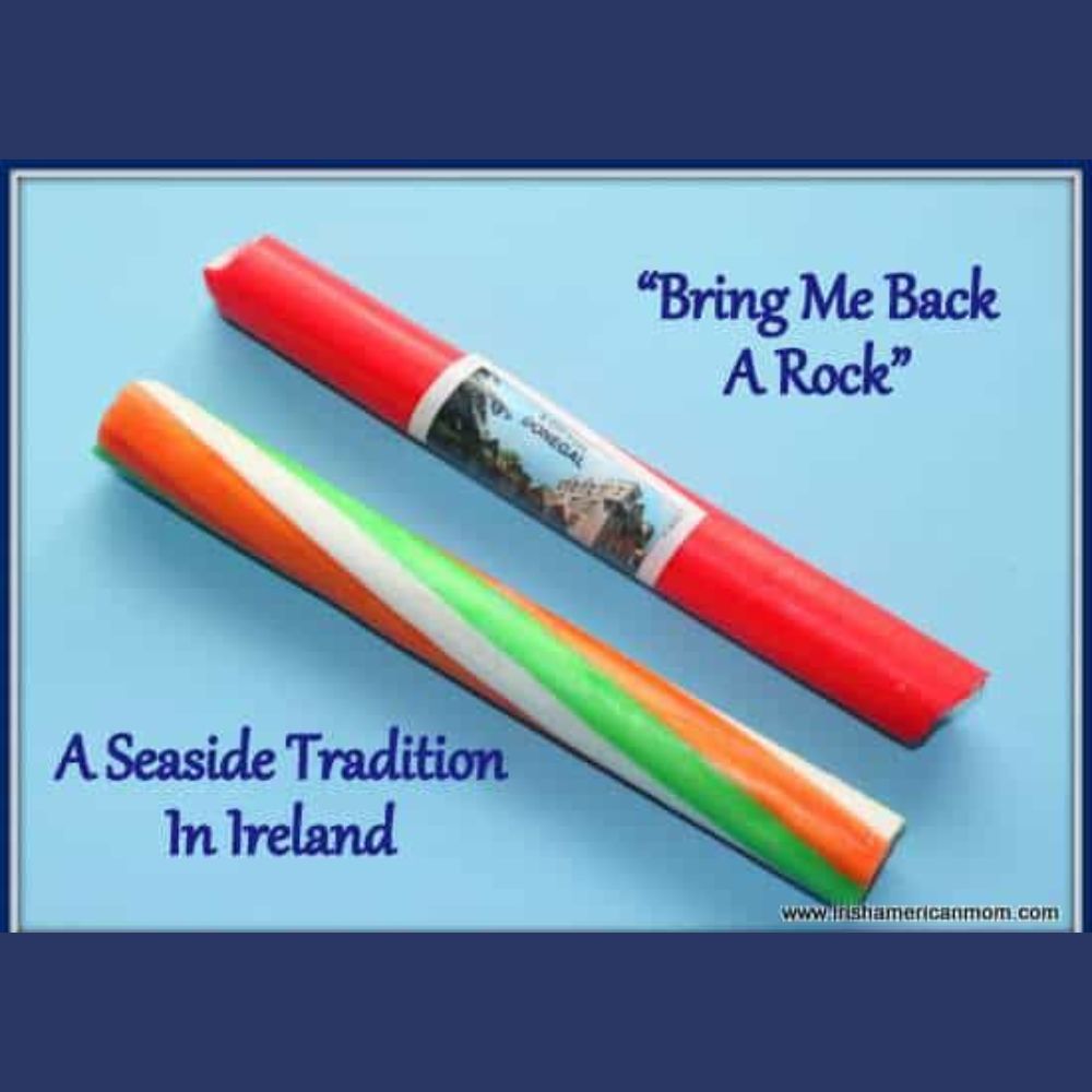 Two colorful rock candies with text about a seaside tradition in Ireland on a blue background